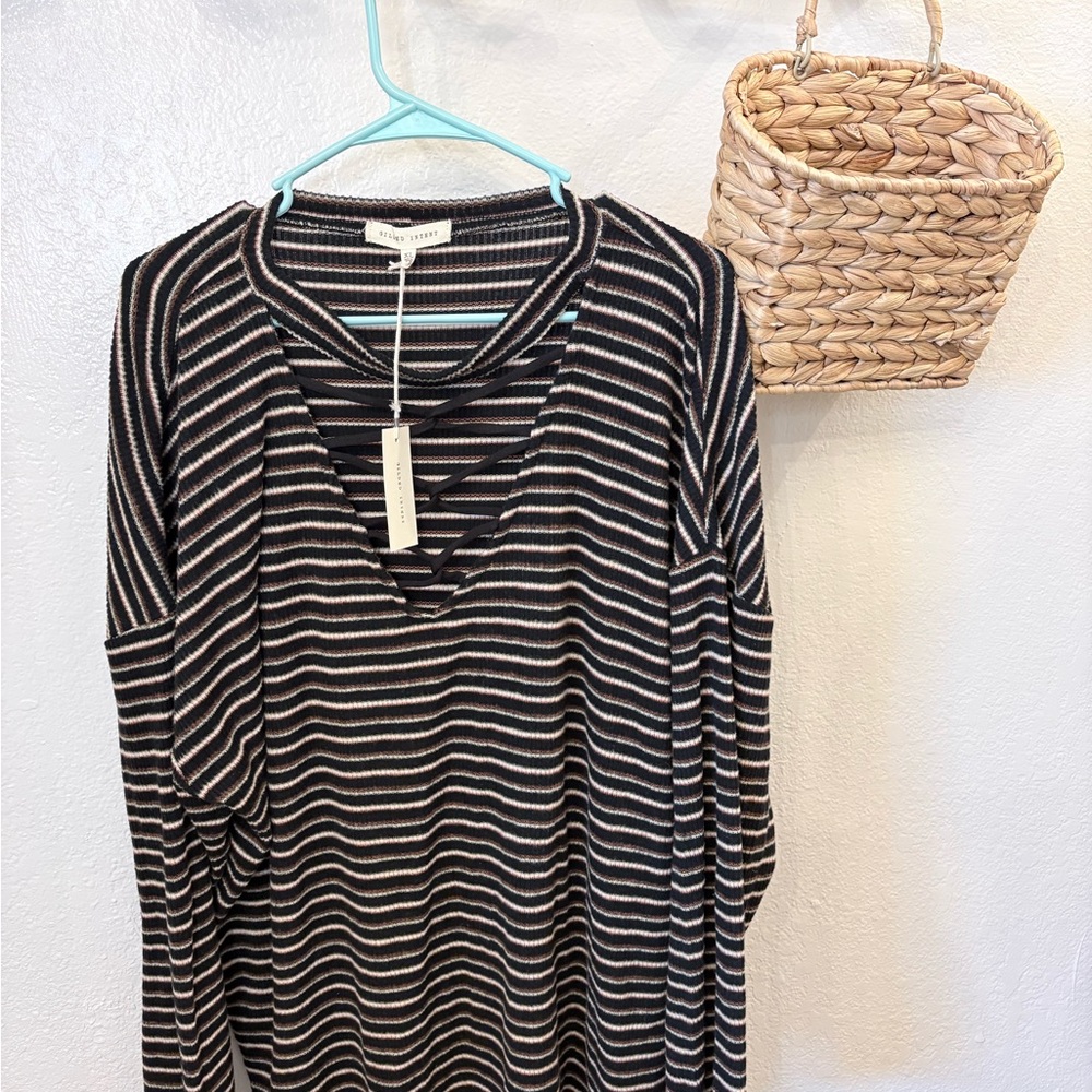 Gilded Intent Black and Cream Striped Lace-Up V-Neck Top